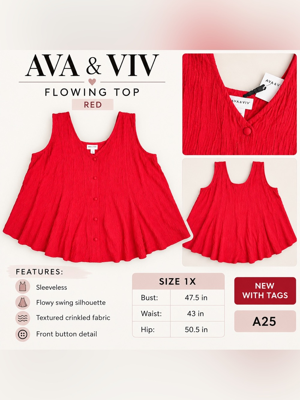 AVA & VIV SWING TOP – RED  SIZE 1X (NEW WITH TAGS) A25